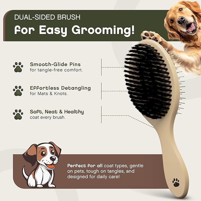 Floof Double-Sided Pet Brush,Metallic Pins & Vegan Boar Bristles for Long & Short Haired Dogs and Cats | Premium Wooden Handle for Comfort | Eco-Friendly Deshedding,Gentle Detangling,& Easy to Clean