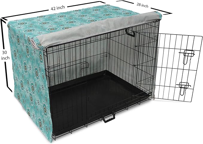 Lunarable Abstract Dog Crate Cover, Surreal and Flourishing Botanical Floral Ornaments Pattern, Easy to Use Pet Kennel Cover for Medium Large Dogs, 42 Inch, Cadet Blue Grey