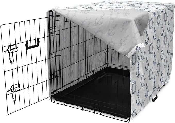 Lunarable Nautical Dog Crate Cover, Marine Elements Anchor Ship Wheel Wind Rose Sailing into The Ocean Theme, Easy to Use Pet Kennel Cover for Medium Large Dogs, 36 Inch, Night Blue White