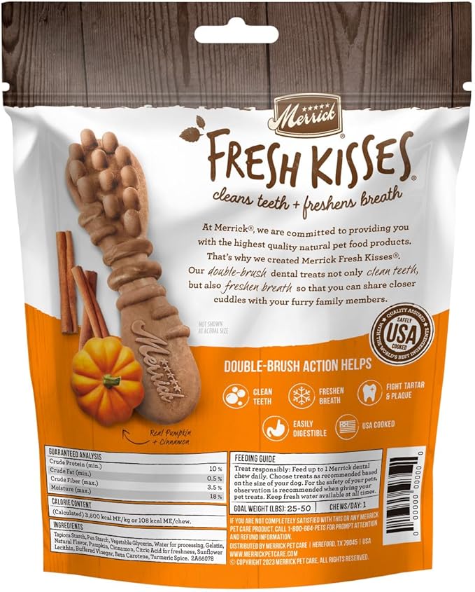Merrick Fresh Kisses Natural Dental Chews, Treats Infused with Pumpkin and Cinnamon for Medium Dogs 25-50 Lbs - 5 oz. Pouch (Pack of 2)
