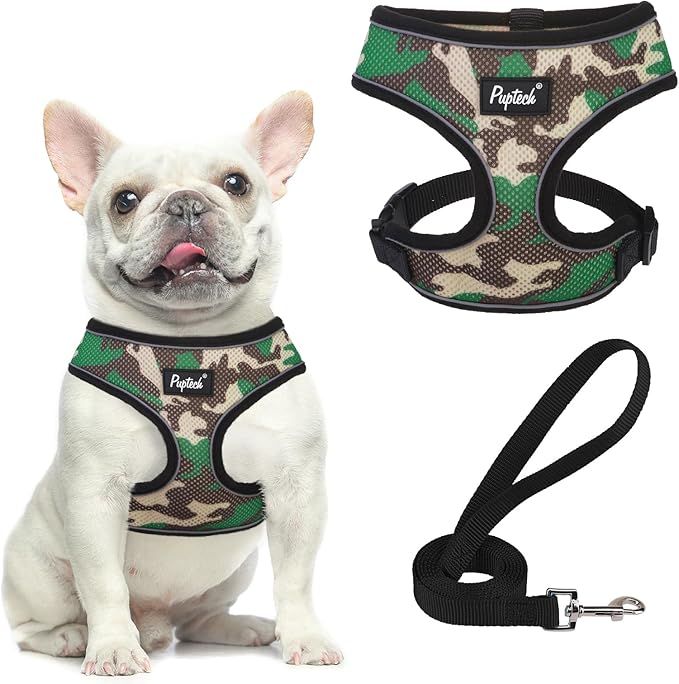 PUPTECK Soft Mesh Dog Harness and Leash Set Pet Puppy Cat Comfort Padded Vest No Pull Harnesses, Camouflage, S