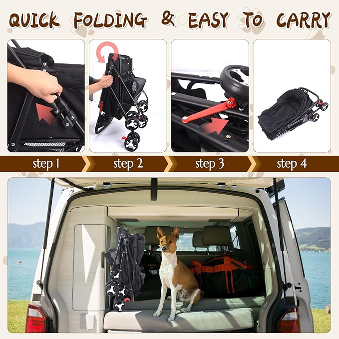 3 in 1 Dog Stroller, 4 Wheels Pet Stroller Dog Cat Stroller for Medium Small Dog Cats Up to 50lbs, Foldable Carrier Jogger Travel Puppy Stroller with Cup Holder & Breathable Mesh, Black