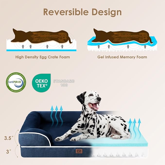EHEYCIGA Orthopedic Dog Beds for Large Dogs, Waterproof Memory Foam Large Dog Bed with Sides, Non-Slip Bottom and Egg-Crate Foam Large Dog Couch Bed with Washable Removable Cover, Navy