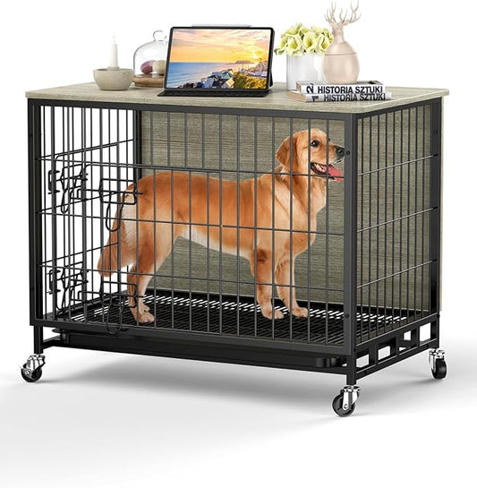 Dog Crate Furniture with Cushion, Dog Kennel Indoor with Wheels, Dog Crate End Table with Tray, 27.2" Dog Cage with Double Doors for Small Dog (Rustic Gray)