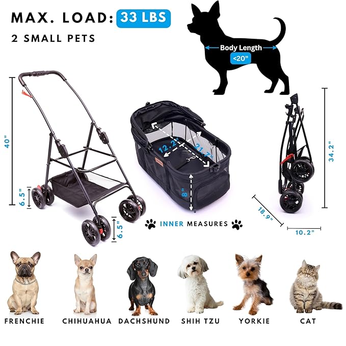 Pet Stroller for Small Dogs Cats with Wheels, Detachable Carrier, Max Load 33 lbs, Easy Folding, Compact Portable, Dog Carriage & Stroller & Car Seat 3 in 1 Animal Stroller (Black)