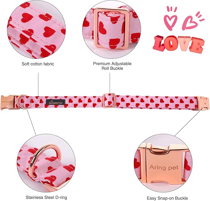 ARING PET Valentine's Day Dog Collar-Girl Dog Collar with Felt Flower, Cute Pink Heart Dog Collars Pet Collars with Metal Buckle