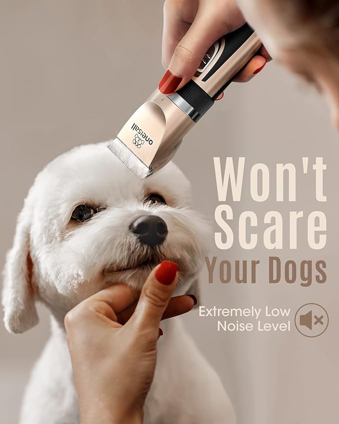 oneisall Dog Clippers Low Noise, 2-Speed Quiet Dog Grooming Kit Rechargeable Cordless Pet Hair Clipper Trimmer Shaver for Small and Large Dogs Cats Animals (Gold)