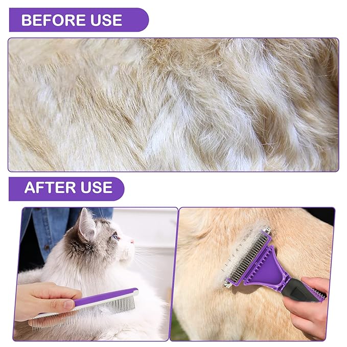 Pet Dematting Tool 2 Pack - Double Sided Undercoat Rake & Dematting Comb for Detangling Matted or Knotted Undercoat Hair, Great for Medium or Long-haired Dogs & Cats