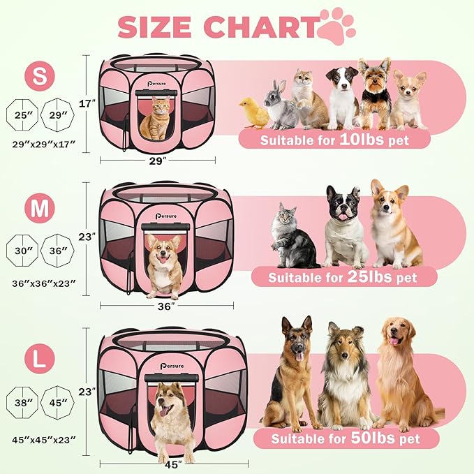 Dog Cat Playpen Indoor Outdoor for Puppy Pet Dog Cat Recovery After Surgery, Dog Tent Crates Cage Indoor/Outdoor, Portable Pop Up Dog Kennel with Carrying Case for Travel (Premium Pink, Small)