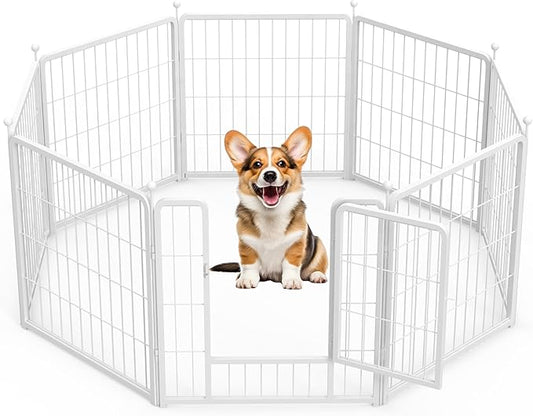 HealSmart Dog Playpen 24 Inch 8 Panels, Heavy Duty Metal Portable Pet Playpen Indoor Outdoor for Camping, Yard, RV, Garden Fence, Privacy Patio, White