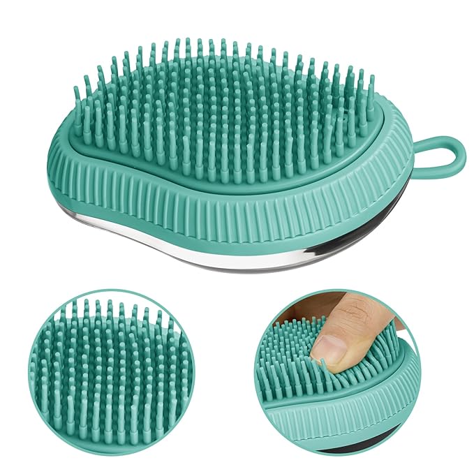 Pet Grooming Bath Massage Brush with Soap and Shampoo Dispenser Soft Silicone Bristle for Long Short Haired Dogs Cats(Blue)