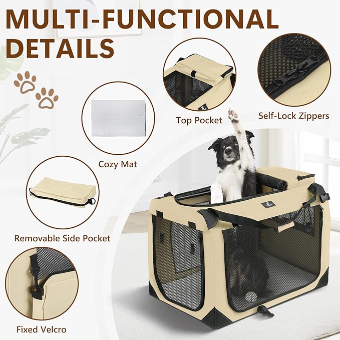 X-ZONE PET Dog Crate 3-Door Kennel, Collapsible Portable Soft Sided Pet Carriers for Indoor & Outdoor, Multiple (24-Inch, Rice White)