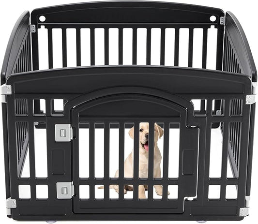 Sweetcrispy Plastic Dog Playpen - 4-Panel 24" Expandable & Durable Pet Fence for Small to Medium Dogs - Indoor & Outdoor Portable Puppy Playpen with Secure Locking Door, Black