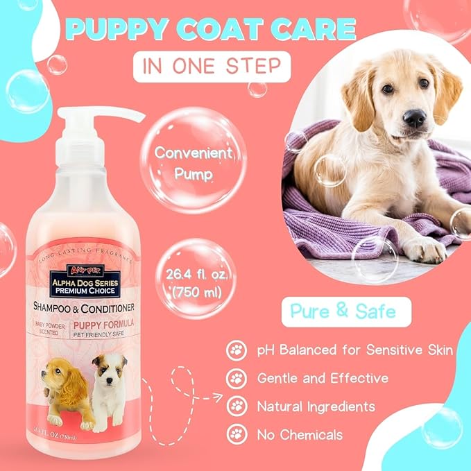 Alpha Dog Series Puppy Grooming Natural Dog Shampoo and Conditioner with Aloe Vera, pH balanced Shampoo for Dogs, Tear-Free, Moisturizing Dog Shampoo for Sensitive Skin - 26.4 Oz