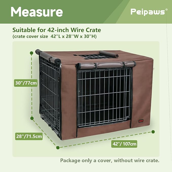 Dog Crate Cover 42 Inch - Waterproof Kennel Cover with Top Window, 600D Oxford Fabric Dog Cage Cover Fit for Most Double Door Wire Crate, Unique Drinking Hole Design, Brown (Cover Only)