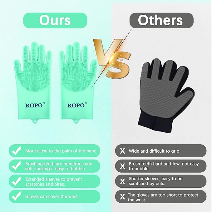 ROPO silicone gloves for pet grooming, multi-functional gloves for pet hair shedding, bathing, and massage (Green)