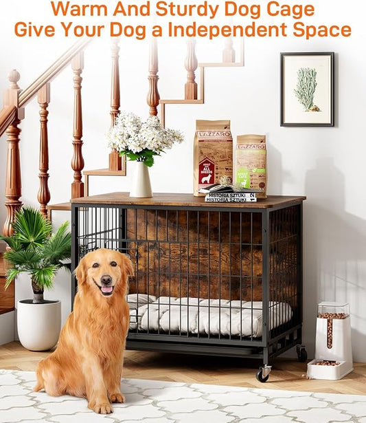 Dog Crate Furniture, Dog Kennel with Dual Doors, Removable Tray & 360° Wheels, Indoor for Large Dogs (Brown & Black, Large)
