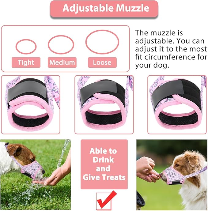 LUCKYPAW Dog Muzzle, Soft Dog Muzzles for Small Medium Large Dogs, Breathable Muzzles to Stop Biting and Chewing with Pattern, Allows Panting and Drinking (XS-(Snout 3½"-4¾"), Pink Unicone)