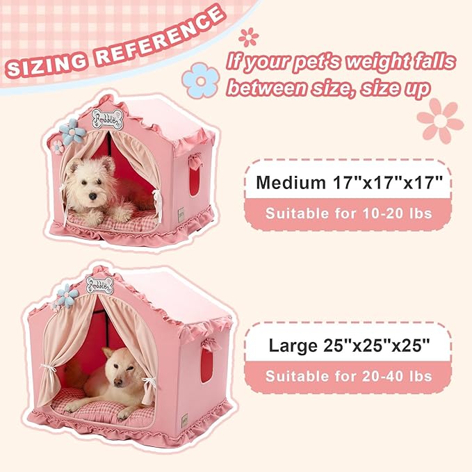 Jiupety Indoor Dog House with Frame, Cute Dog Tent Bed with Cover Cave, Breathable, Washable, and Foldable House, Suitable for 20-40 Lb, Large (25"×25"×25"), Pink