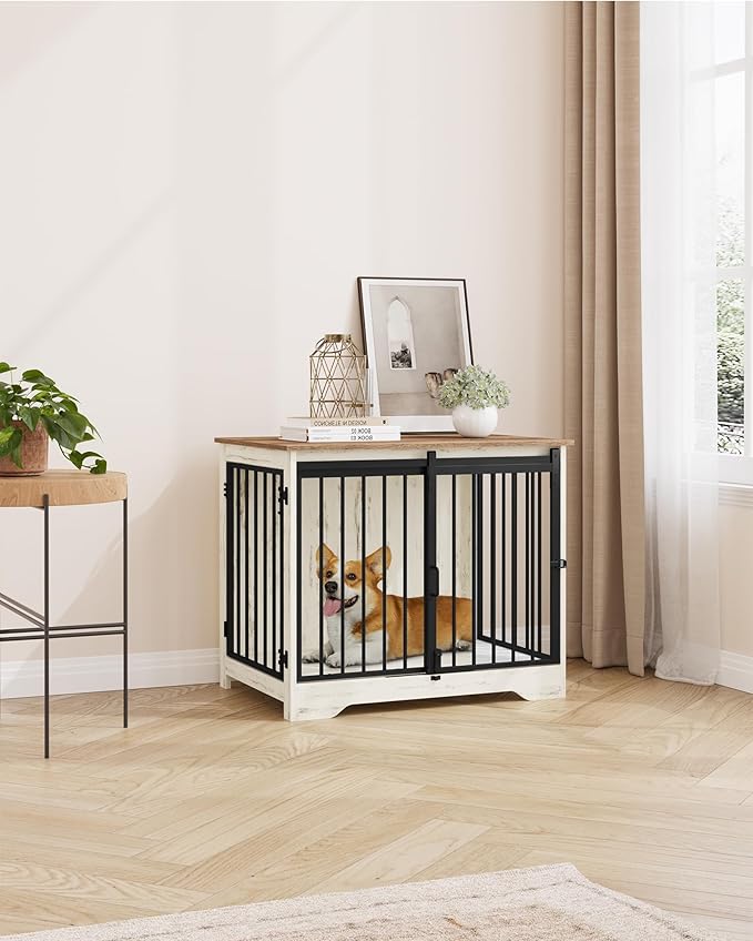 Dog Crate Furniture, 32" Double Door Dog Crate with Barn Door, Dog Kennel Indoor, End Side Table Wooden Dog Crates for Small Medium Large Dogs, Anti-Chew Anti-Escape, White Brown DFC83614B