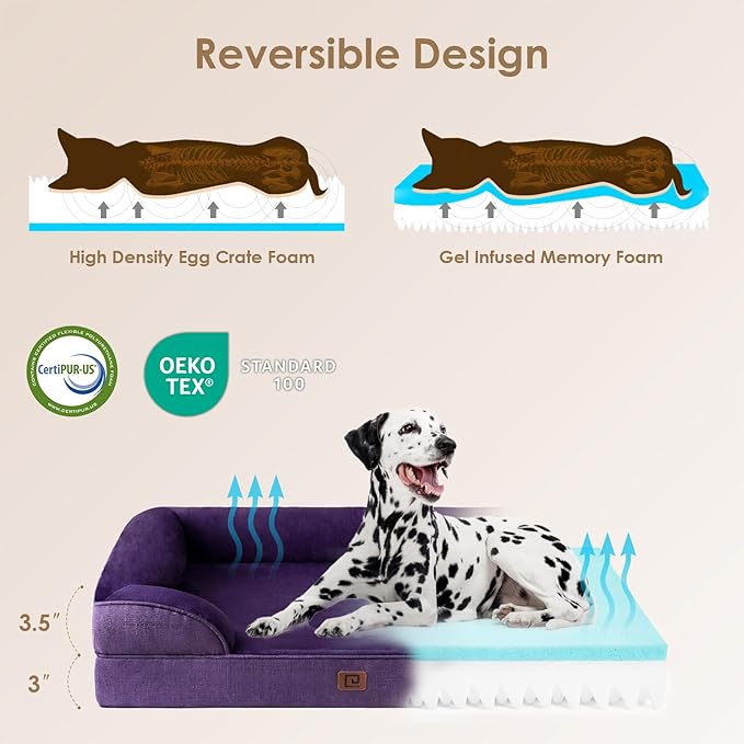 EHEYCIGA Orthopedic Dog Beds for Extra Large Dogs, Waterproof Memory Foam XL Dog Bed with Sides, Non-Slip Bottom and Egg-Crate Foam Big Dog Couch Bed with Washable Removable Cover, Purple