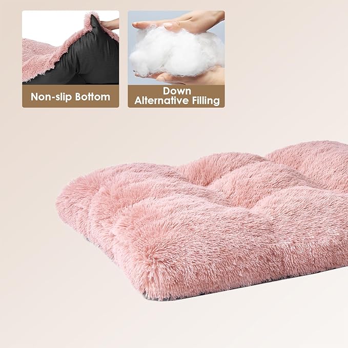 EHEYCIGA Fluffy Dog Crate Bed for Extra Large Dogs, Plush Faux Fur Dog Crate Pad, Calming Anti Anxiety XL Dog Bed for Crate, Washable Soft Warm Dog Crate Mat with Non-Slip Bottom, Pink