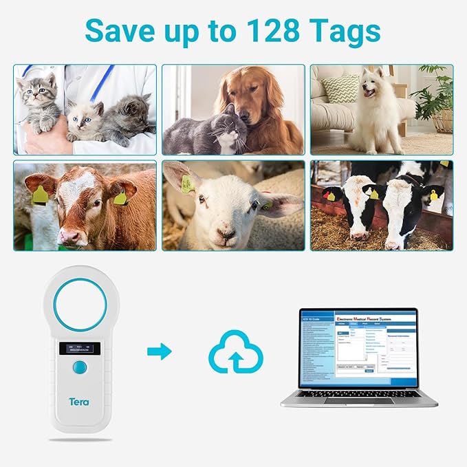 Tera Portable Pet Microchip Scanner - Animal Tag Reader with OLED Display Screen RFID Rechargeable Data Storage 2.4G Wireless & Wired USB EMID FDX-B(ISO11784/85) for Animal Management, White W90D