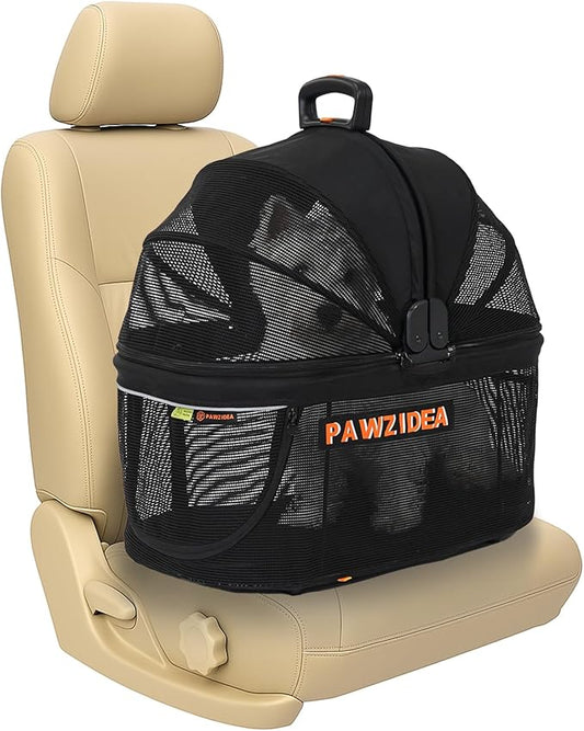PAWZIDEA Portable Small Dog Crate for Car Travel, Enclosed Pet Car Seats for Small/Medium Dogs & Cats, Reversible No-Zip Canopy, Soft-Sided Pet Carrier Cage, Collapsible Travel Dog Kennel, Chew-Proof