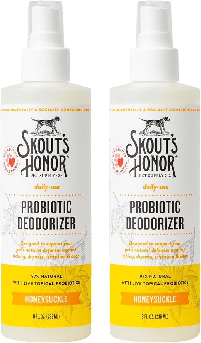 SKOUT'S HONOR Pet Deodorizer Spray- Hydrating Daily-Use with Avocado Oil & Omega-3s, Paraben & Sulfate-Free, 97% Natural, 8oz, Honeysuckle, 2-Pack