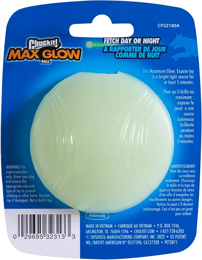 Chuckit! Max Glow Ball Dog Toy, Medium (2.5 Inch Diameter) for dogs 20-60 lbs, Pack of 1
