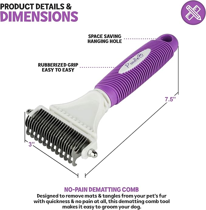 POODLIE Poodle Pet Dematting Comb for Dogs – Handheld Undercoat Dematter Rake Grooming Tool for Long or Short Hair