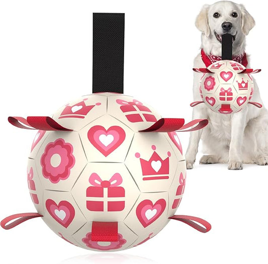 QDAN Pink Dog Toys Soccer Ball with Straps,Interactive Dog Toys for Tug of War,Valentines Gift Puppy Birthday Gifts,Dog Tug Toy,Dog Water Toy,Durable Dog Balls for Medium & Large Dogs(8 Inch)