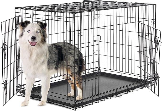 Sweetcrispy Dog Crate with Divider Panel, 42 Inch Double Door Folding Metal Wire Dog Cage with Plastic Leak-Proof Pan Tray, Large XL Pet Kennel for Indoor, Outdoor, Travel