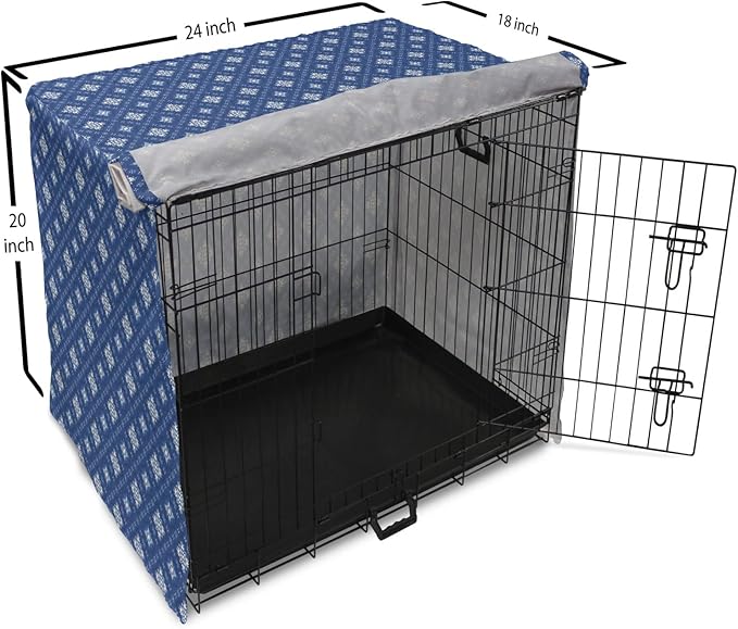 Lunarable Damask Blue Dog Crate Cover, Azulejo Talavera Inspired Continuous Pattern of Motif, Easy to Use Pet Kennel Cover for Cats & Medium Dogs, 24 Inch, Dark Sky Blue Pale Blue