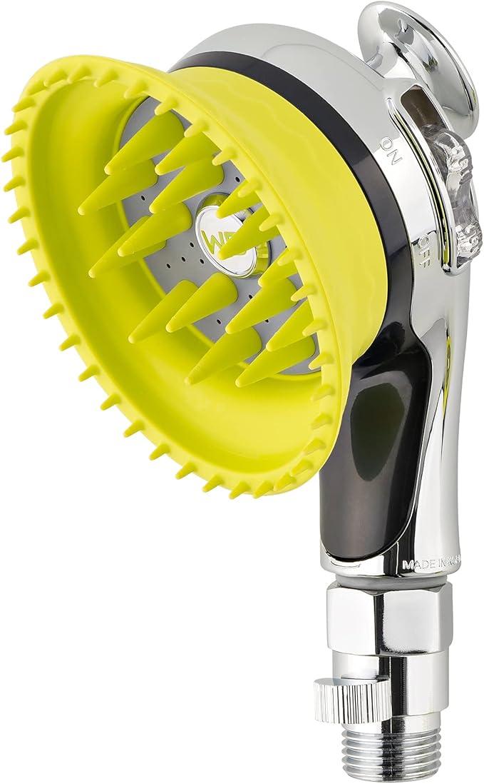 WD Handheld Shower Brush with On/Off Switch and Water Pressure Control | Shield Water While Brushing and Washing Simultaneously | Dog Washing Shower Attachment