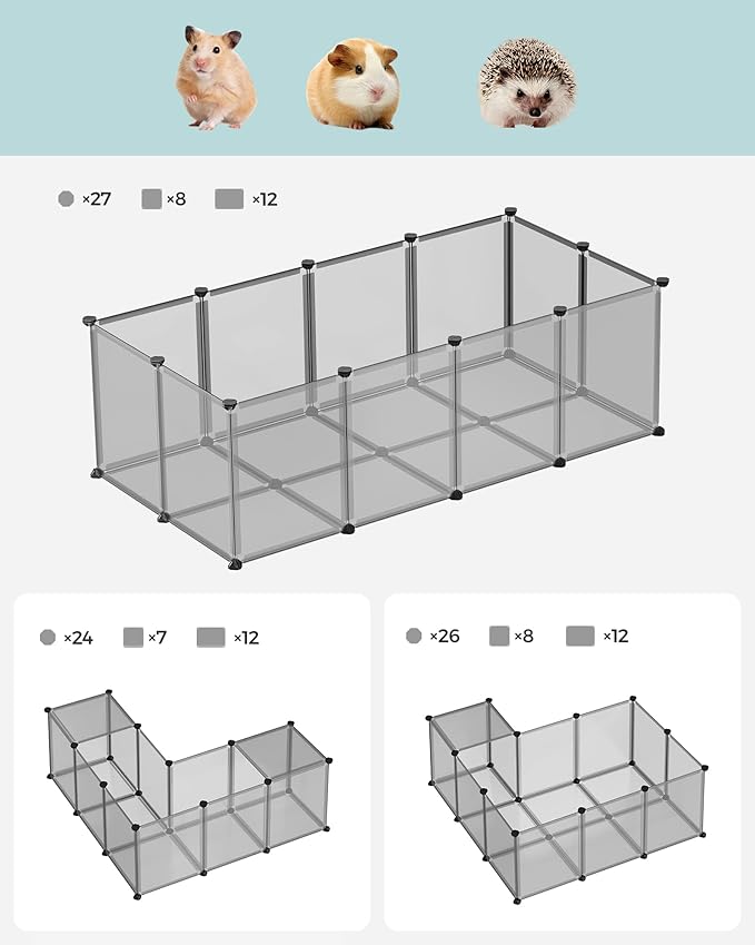 SONGMICS 20 Panels Pet Playpen with Floor, Small Animal Playpen, Pet Fence Indoor, DIY Plastic Enclosure for Guinea Pigs, Bunny, Hamsters, Hedgehogs, 56.3 x 28.7 x 18.1 Inches, Gray ULPC002G01