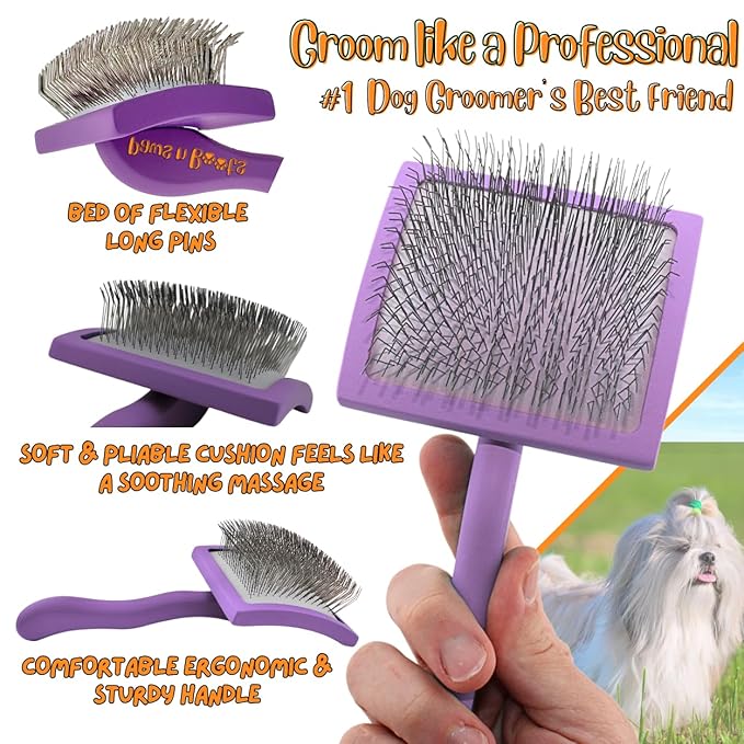 Pro-Slicker Brush Grooming Tool for Pets: Small Purple, Soft Cushion Bed of Dull Pins, Gentle but Effective. Easily and Painlessly Remove Thick Undercoat. Reduce Brushing Sessions, Groom like a Pro
