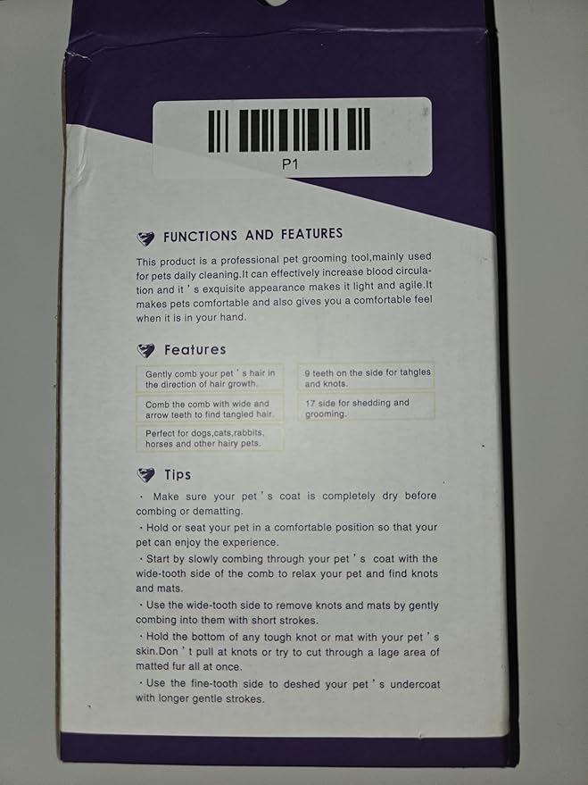 Open Knot Untangling Comb for Dogs and Cats, Double-Sided, Purple