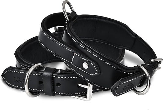 Leather Dog Collar with Handle, 2 Inch Wide Saddle Grade Black Leather Dog Collar for Medium Dogs | Heavy Duty, Comfortable, Inner Soft Padded, Strong | (M (Fit Neck Size 14.5"-18.5"), Black)