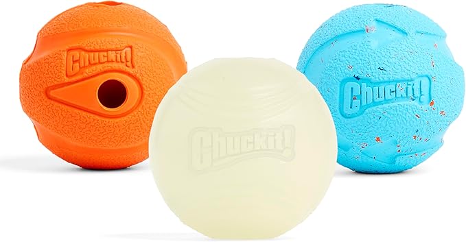 Chuckit! Gen 3 Fetch Medley Dog Balls - Includes the High-Bounce Fetch Ball, Floating Ultra Ball, and Rugged Ball - Durable Rubber Toys for Dogs 20-60 lbs - Size Medium - 2.5-inch Diameter - Set of 3