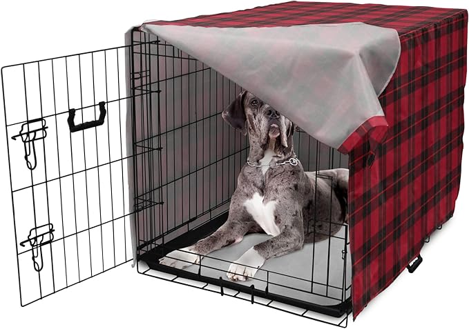 Lunarable Plaid Dog Crate Cover, Geometrical Scottish Ornament Folkloric Celtic Fashion Elements, Easy to Use Pet Kennel Cover for Medium Large Dogs, 48 Inch, Coral Vermilion