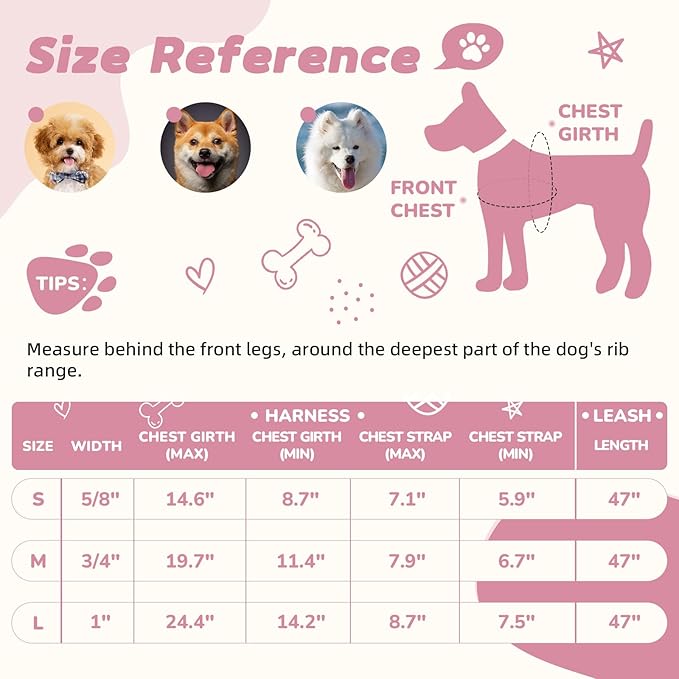 Dog Harness and Leash Set for Medium Dogs Soft Natural Bamboo Fabric, No Pull Dog Harness, Step-in Adjustable Dog Leash, Dog Harness and Leash Set for Medium Dogs-Pink