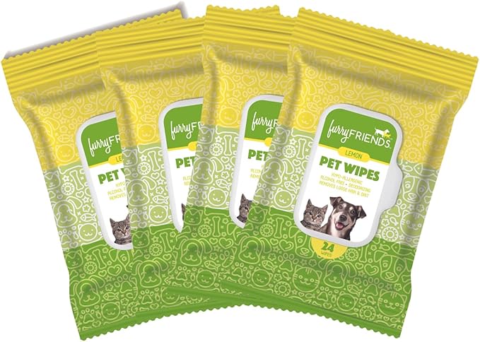 FurryFriends Pet Wipes | Lemon Scented | Hypo-allergenic | Alcohol Free| Deodorizing | Removes Loose Hair & Dirt | Incredibly Clean | 4 Pack