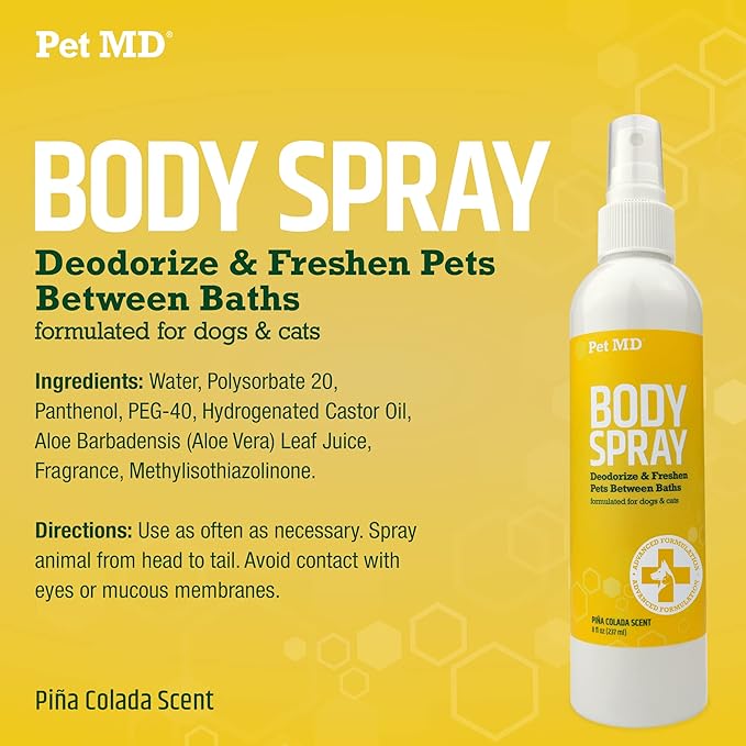 Pet MD Body Spray for Dogs & Cats - Deodorizing Dog Perfume Reduces Static & Eliminates Odor - Long Lasting Pet Cologne Spray for Dogs - Pina Colada Scent - 8 oz