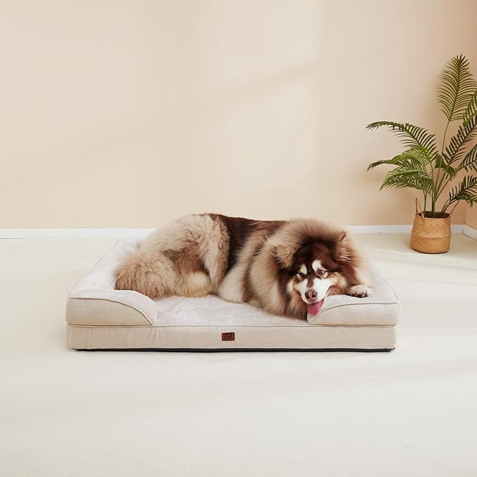 EHEYCIGA Orthopedic Dog Beds for Extra Large Dogs, Waterproof Memory Foam XXL Dog Bed with Sides, Non-Slip Bottom and Egg-Crate Foam Big Dog Couch Bed with Washable Removable Cover, Beige
