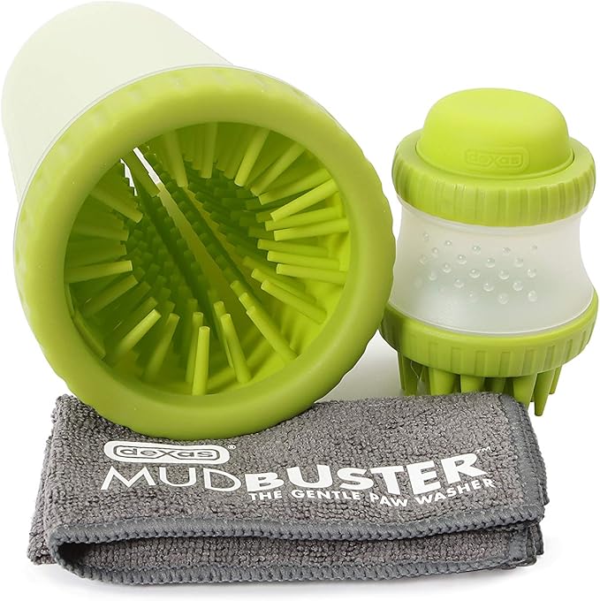 Dexas MudBuster Portable Pet Cleaning Kit with Dog Paw Washer, Pet Bathing Brush, Microfiber Towel, Medium, Green