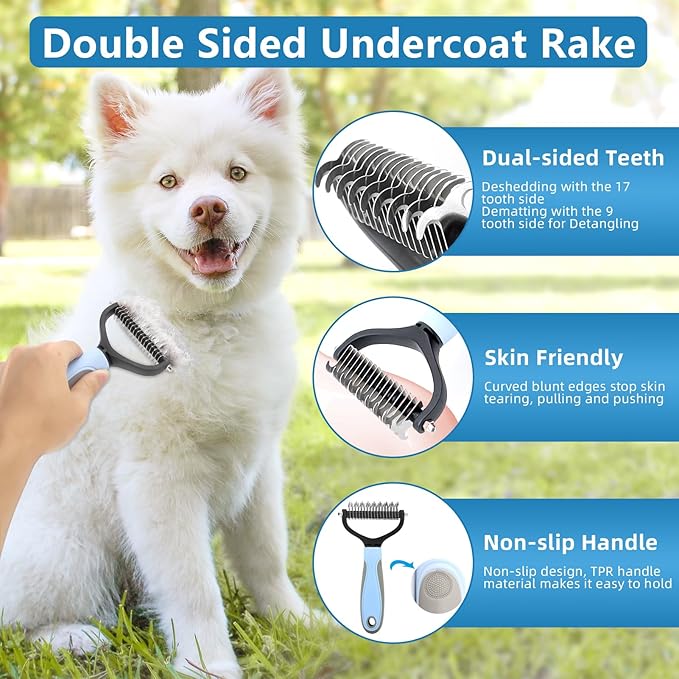 Dog Brush Dog Grooming Kit 6PCS Dog Brush for Shedding-Dog Brushes for Grooming, Dematting Comb for Dogs, Cat & Dog Nail Clipper with Nail File, Flea Comb, Dog Bath Brush-Blue