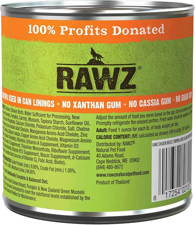 Rawz - in Broth Canned Adult Dog Food (Hunks of Chicken in Broth) with New Zealand Green Mussels - 12 Cans -10 OZ Cans (Chicken&Pumpkin-Hunks)