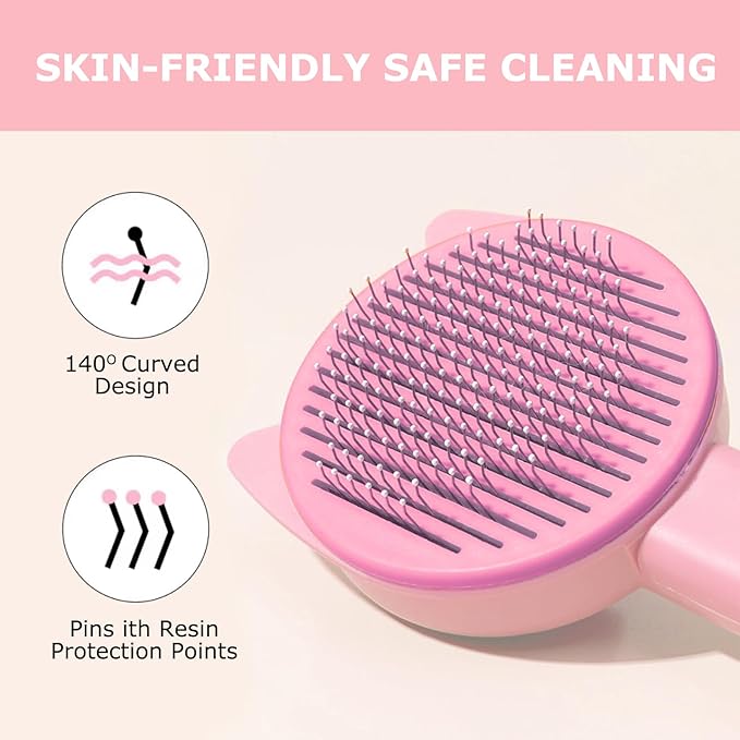 Pet Grooming Brush Kit for Cat and Dog, Hair Massage Cleaner with Release Button, 2 Flea Combs for Shedding Removing Tangles Loose Fur Self Cleaning Accessories, Pink (3 Pieces Set)