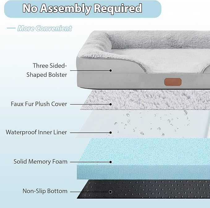 Orthopedic Dog Beds for Large Sized Dog - Waterproof Memory Foam Large Dog Bed, Washable Big Pet Beds with Removable Cover & Non-Slip Bottom (L, Grey)